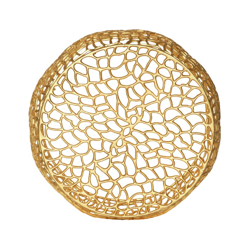Coffee Table, 28 Inch Round Plinth Mesh Design, Open Gold Metal Frame