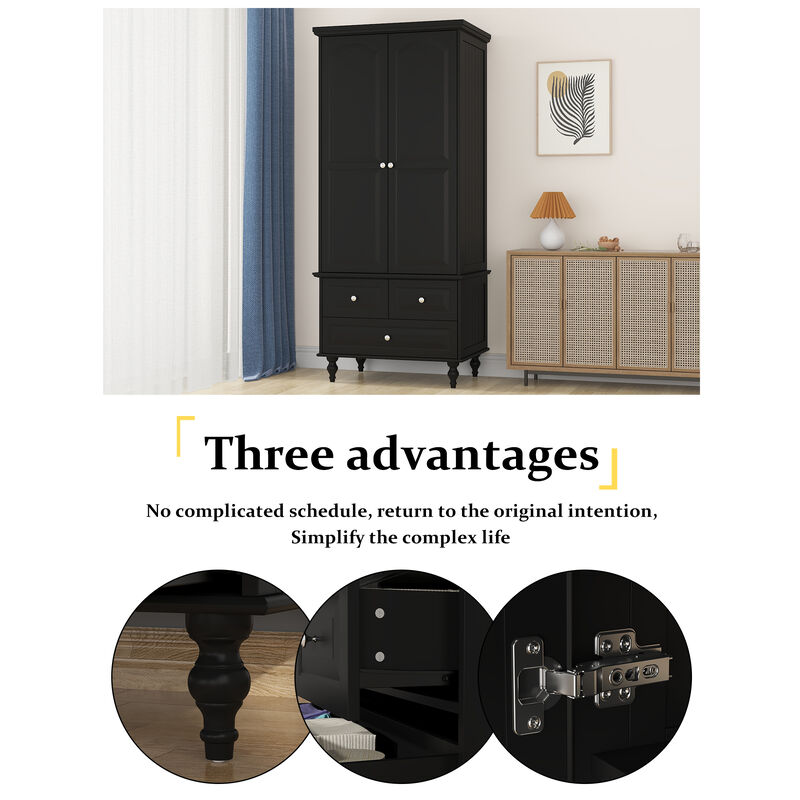 FUFU&GAGA Wooden Armoire with Double Doors, Shelves, and 3 Drawers (31.5" W x 19.7" D x 70.9" H), Black