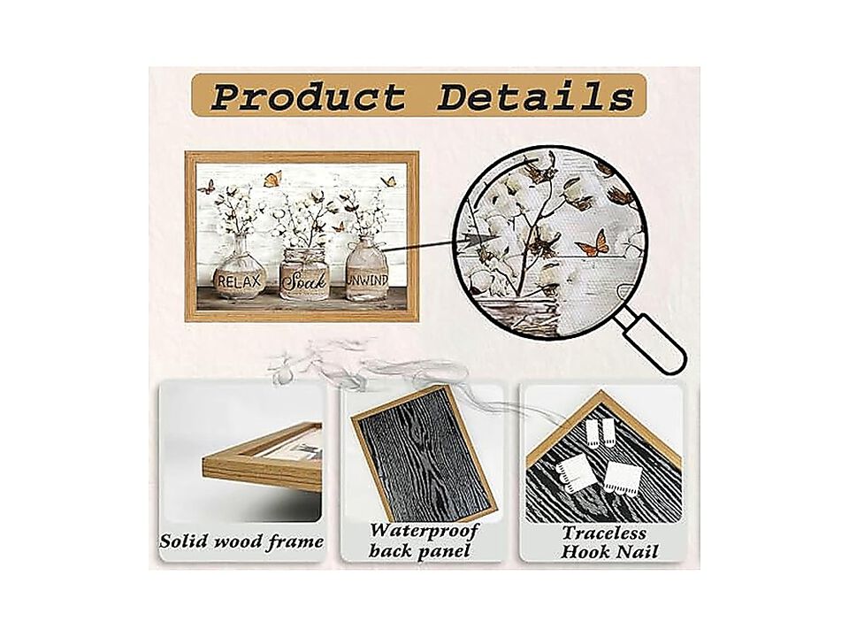 Framed Farmhouse Bathroom Canvas Wall Art Brown Rustic Cotton Flower Decor Relax