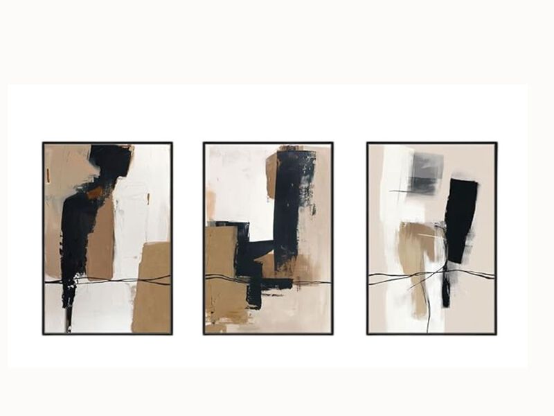 3-Piece Tan & Black Abstract Canvas Wall Art – Mid-Century Modern Framed Prints for Living Room, Bedroom & Office, 16×24