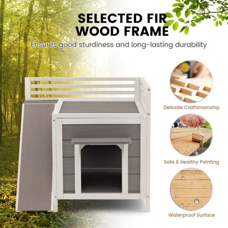 Outdoor Wooden Feral Cat House with Balcony and Slide
