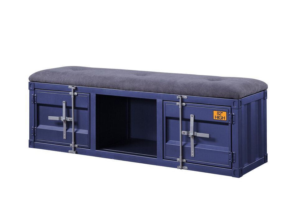 Industrial Metal and Fabric Bench with Open Storage, Blue and Gray - Benzara
