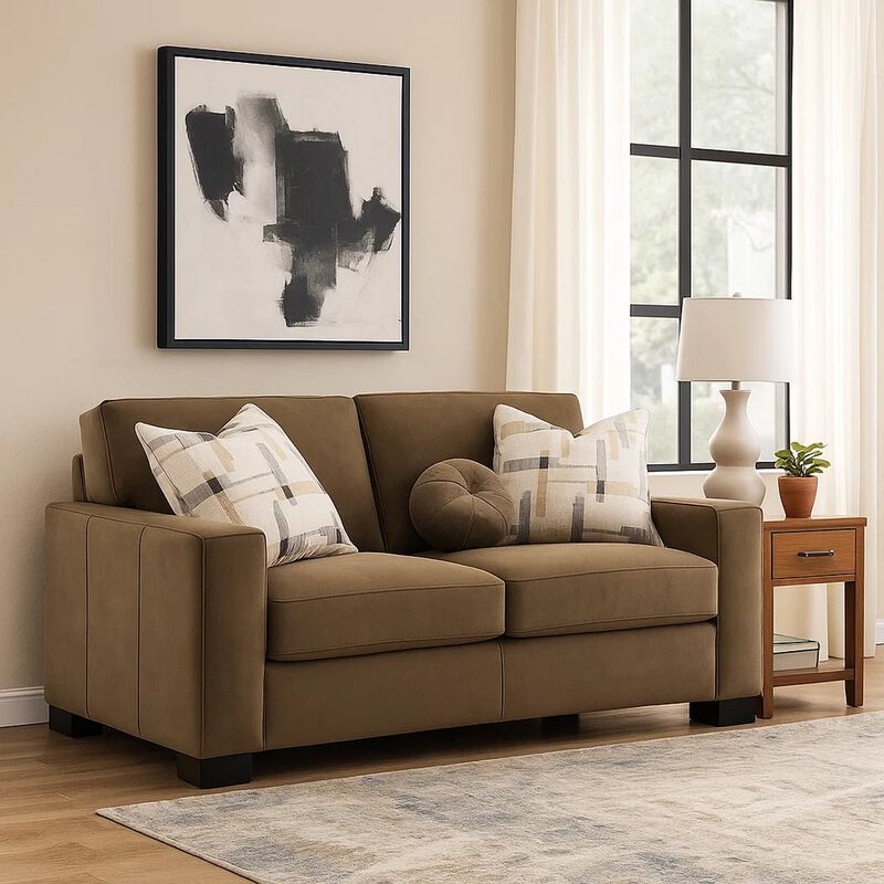 Lenu Modern Loveseat w 3 Accent Pillows, Brown Suede Fabric, 69 Inch