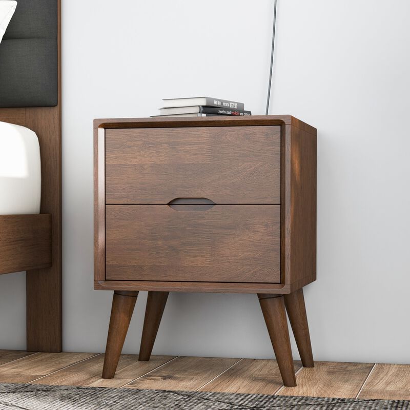 24.8" Assembled Mid Century Nightstand 2-Drawer Solid Wood Walnut image number 1
