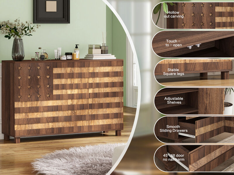 TATEUS Versatile 55" Buffet Cabinet - Hand Carved Kitchen Storage with 2 Drawers, 3 Doors, Adjustable Shelf