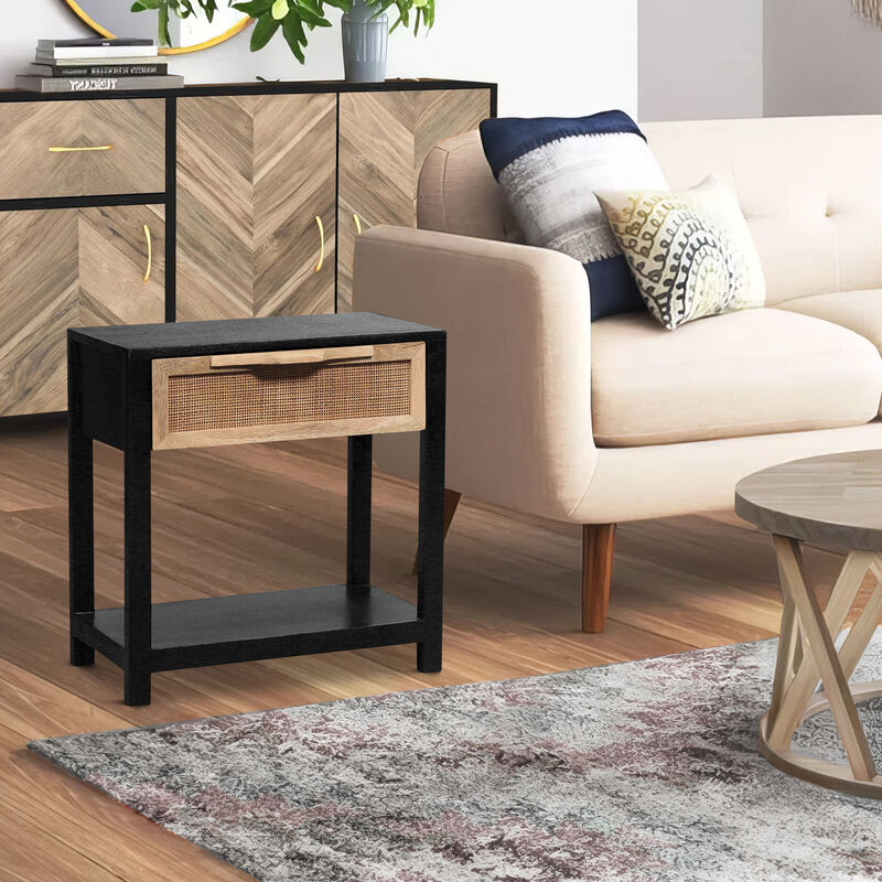 Rosette 22 Inch Side End Table, Natural Brown Rattan Front Drawer, Open Shelf, Black Mango Wood Frame