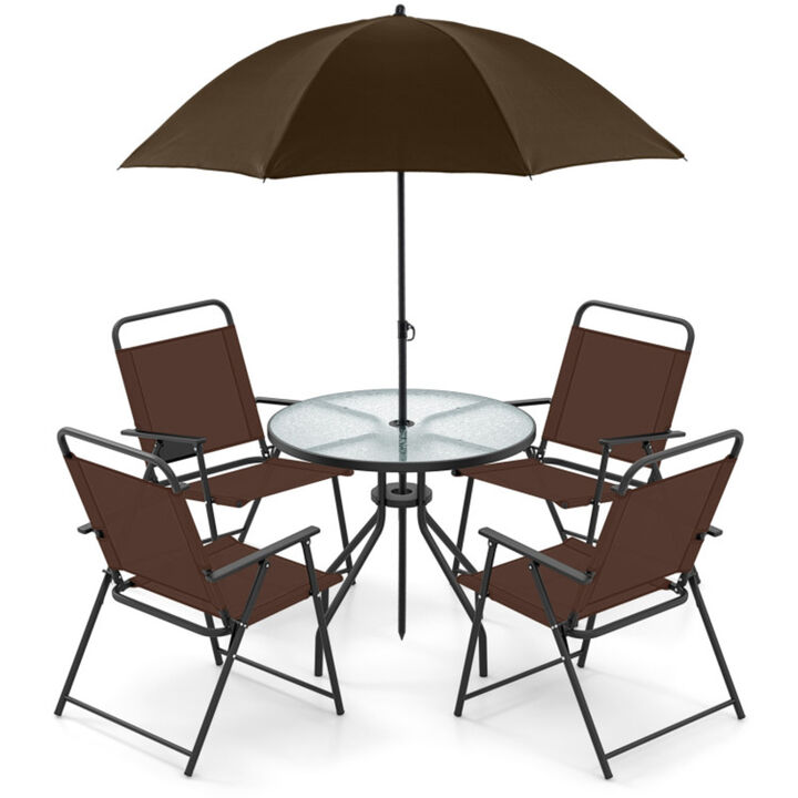 Mondawe 6-Piece Patio Dining Set With 71" Tilt Umbrella, 4 Folding Chairs & Tempered Glass Table