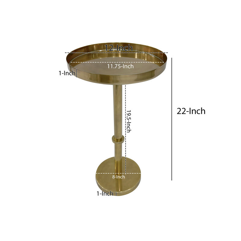 Ara 22 Inch Side End Table, Vintage Sleek Pillar Base, Round Tray Top, Oxidized Antique Brass
