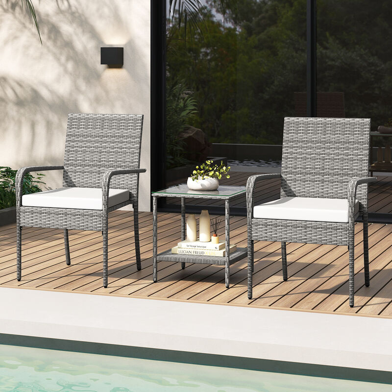 3 Piece Balcony Patio Furniture Set with Seat Cushions and Tempered Glass Tabletop image number 4