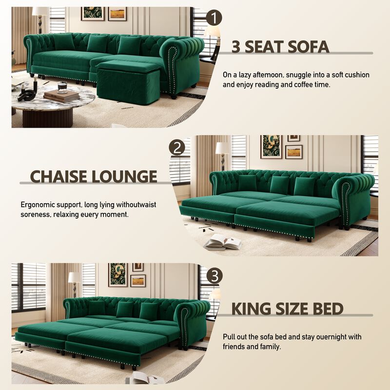 Whisen 3-in-1 Pull-Out Sofa Bed, 3-Seater Sofa, Convertible Sleeper Sofa Bed with Movable Ottoman image number 4
