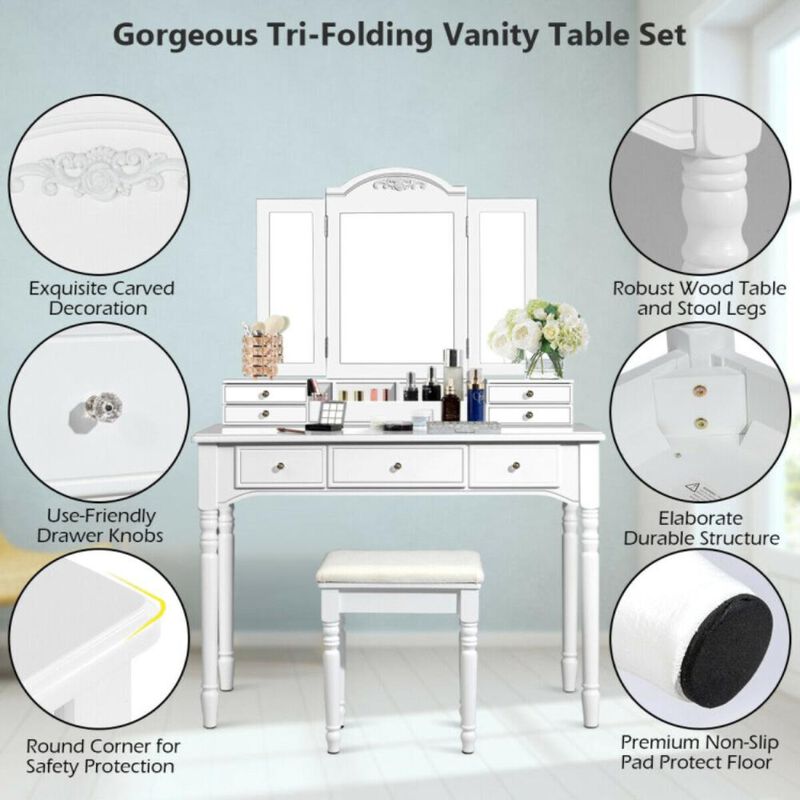 Hivvago Makeup Dressing Table with Tri-Folding Mirror and Cushioned Stool for Women
