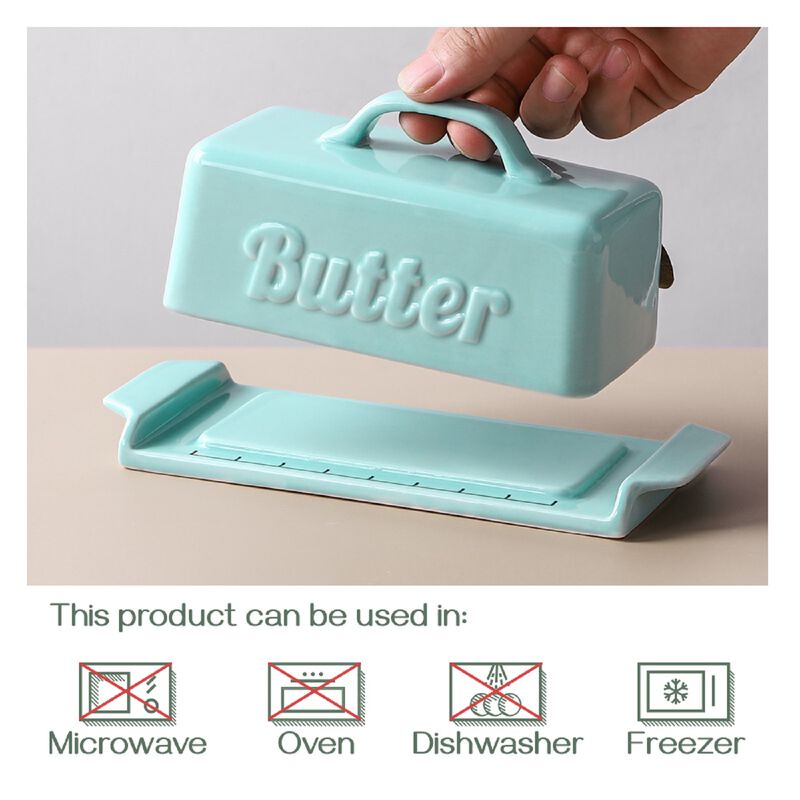 DOWAN Porcelain Butter Dish with Wooden Knife, with Handle, Groove Design, Perfect for Standard Butter Stick, Blue