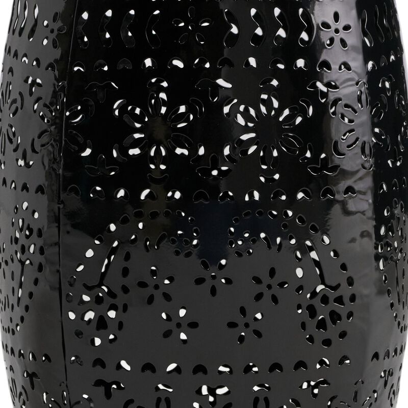 Glena Outdoor End Table, Intricate Lace Cut Design, 12 Inch Black Iron