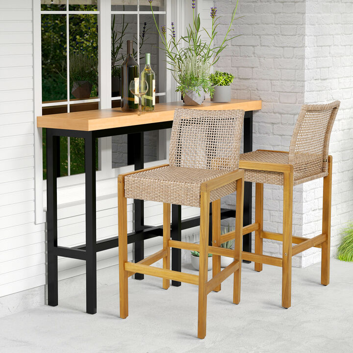 Set of 2 Rattan Patio Wood Barstools Dining Chairs with Backrest-Set of 2