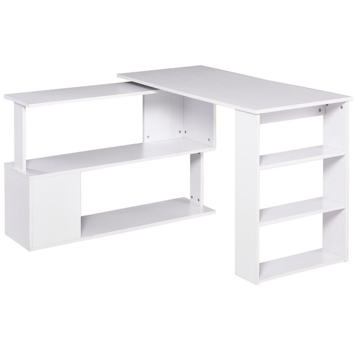 White Multitasking Hub: 360° Rotating L-Shaped Office Desk with Storage