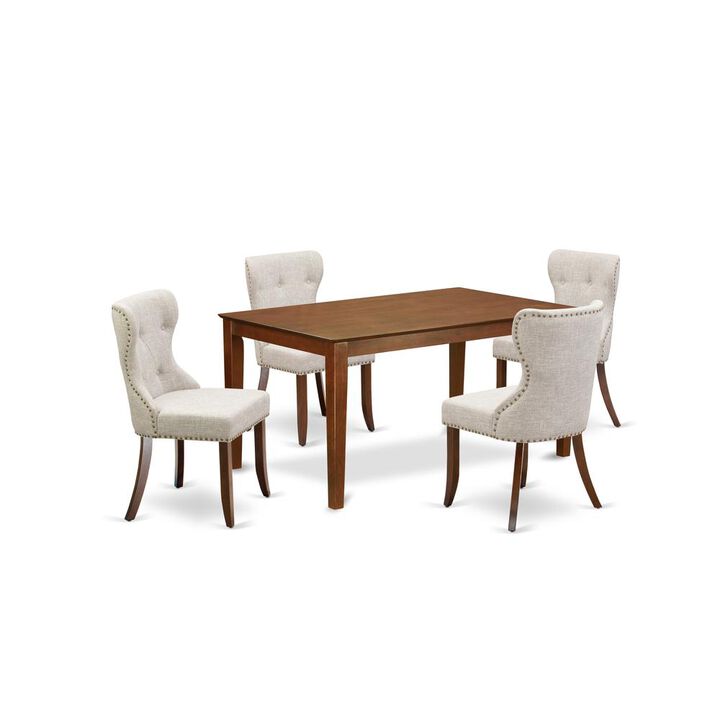 East-West Furniture CASI5-MAH-35 - A modern dining table set of 4 fantastic kitchen dining chairs with Linen Fabric Doeskin color and an attractive wood kitchen table in Mahogany Finish