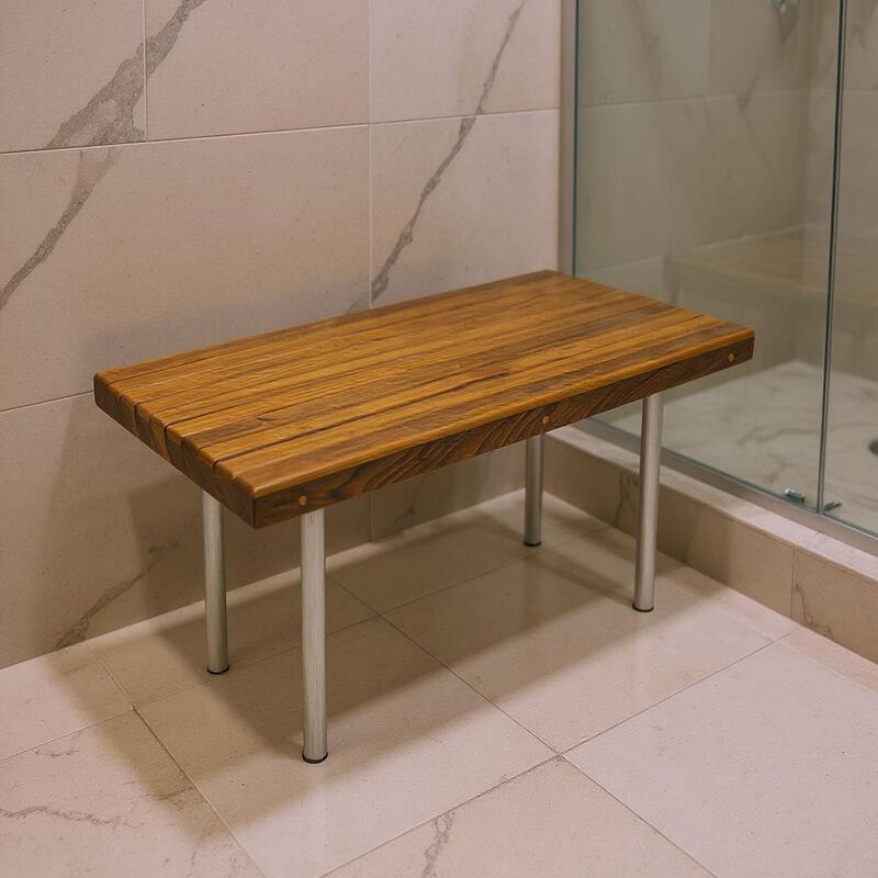 HomeRoots 18" X 30" Brown Teak Wood And Stainless Steel Rectangular Shower Bench image number 1