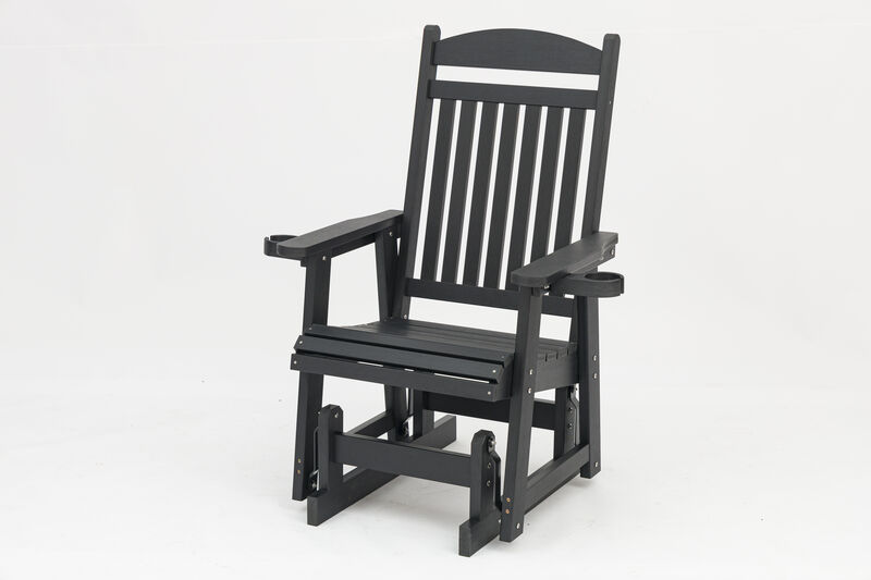 Poly Lumber Patio Glider for One Person, Ergonomic Deep Seat and High Backrest, with Removable Cup Holders, Wood-Like Pattern, Heavy Duty 700 LBS, for Outdoor Patio Garden Yard (Black)