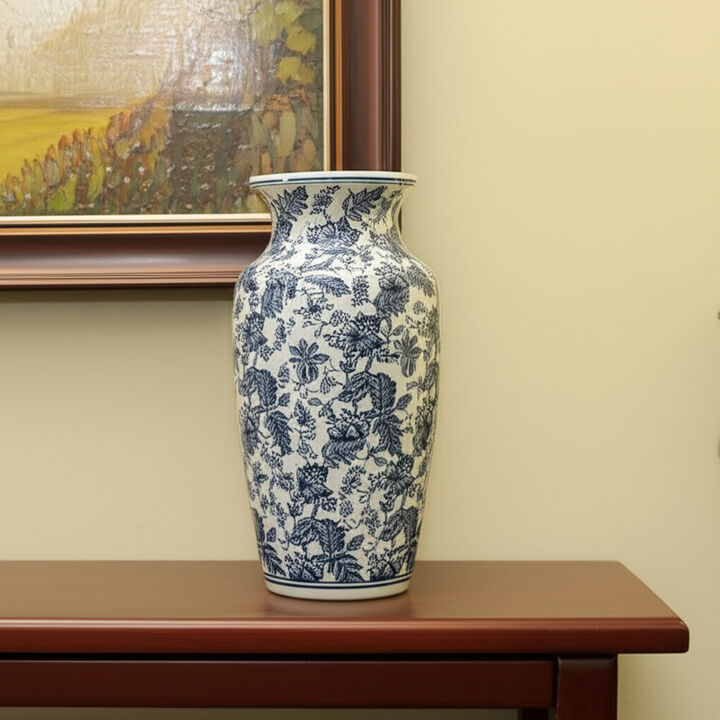 HomeRoots 24" Blue And White Chinoiserie Porcelain Urn Table Vase