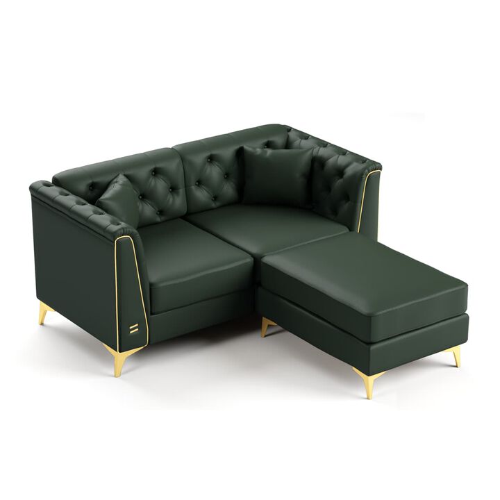 2-Piece Chesterfield Loveseat and Ottoman Set, Faux Leather Tufted Modular Sofa with Metal Trim for Living Room, Includes 2 Pillows