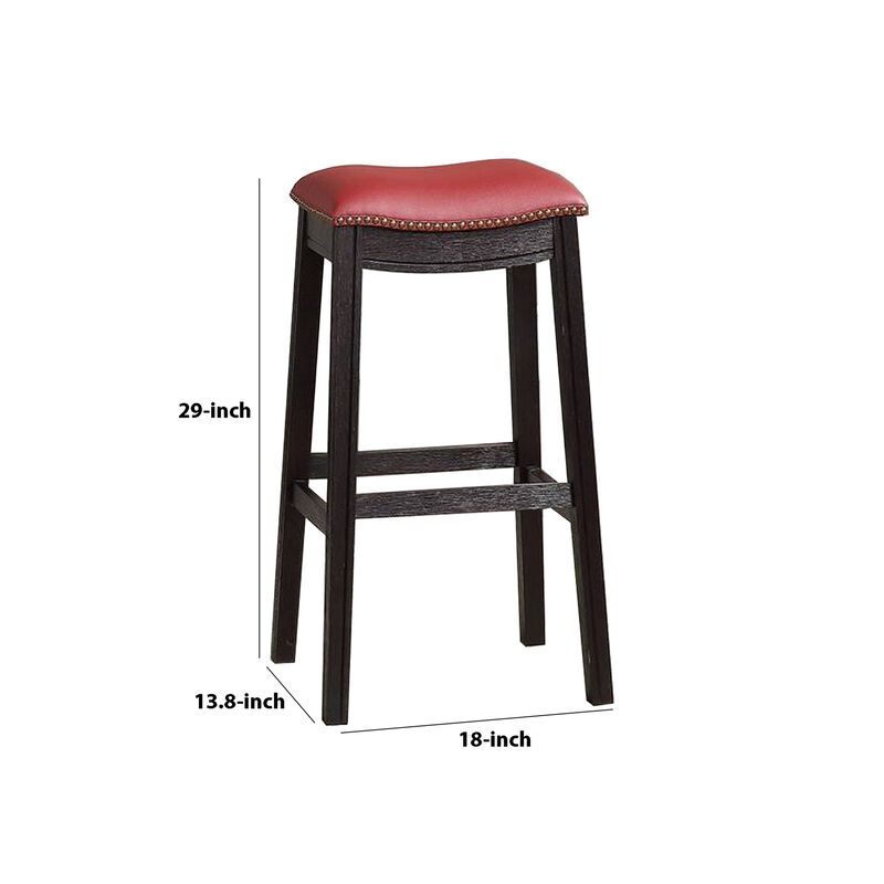 29 Inch Wooden Bar Stool with Upholstered Cushion Seat, Set of 2, Gray and Red-Benzara image number 5