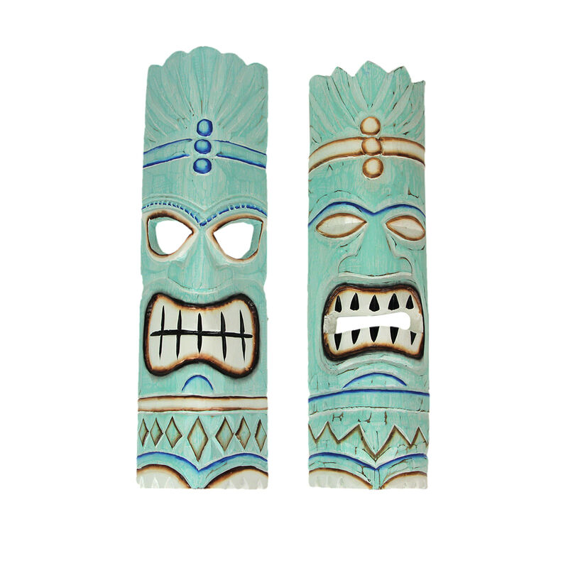 Set of 2 Polynesian Tiki Mask Wall Hangings - 20" - Aqua Blue image number 0