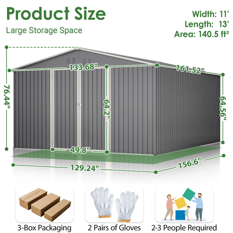 11x13 FT Metal Storage Shed with Reinforced Floor Frame image number 3