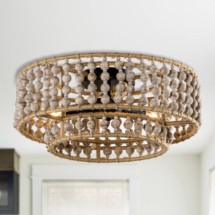 Boho 3-Light Drum Wood Beaded Flush Mount Ceiling Light