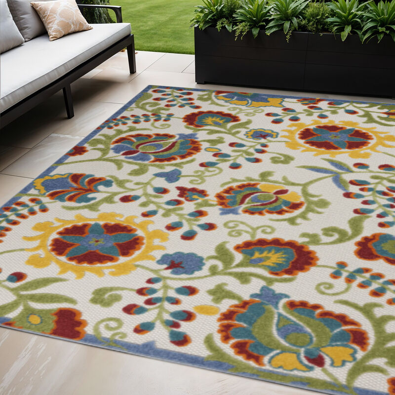 HomeRoots 5' X 8' Ivory Green Red And Yellow Floral Indoor Outdoor Area Rug image number 1