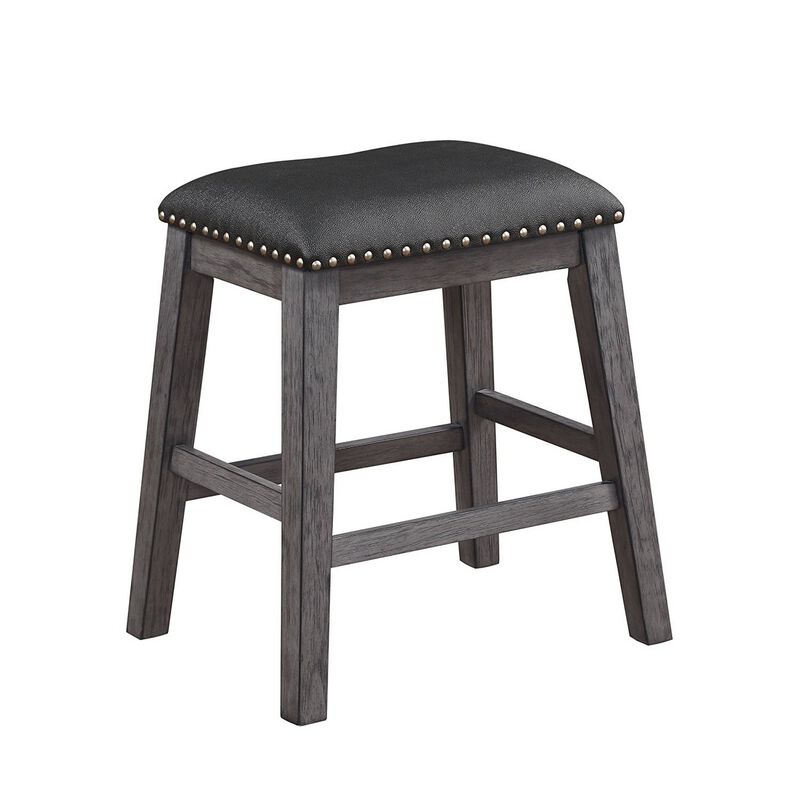 Wood & Leather CoUnter Height Stool with Nail head Trim, Set of 2, Black & Gray-Benzara