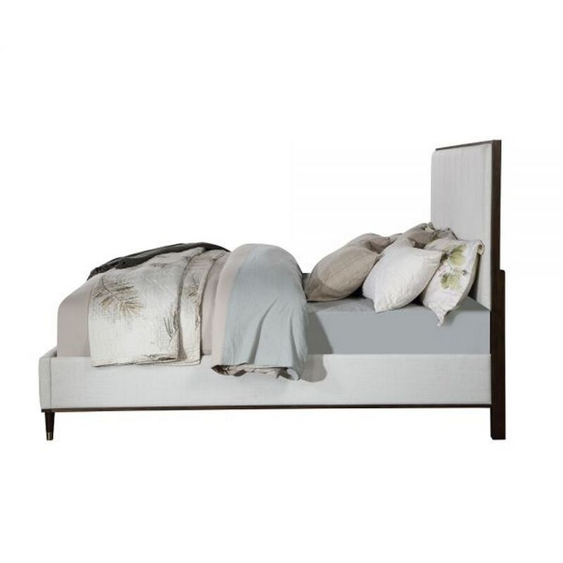 Aren Queen Bed, Light Gray Fabric Upholstery, Crisp White and Smooth Brown - Benzara
