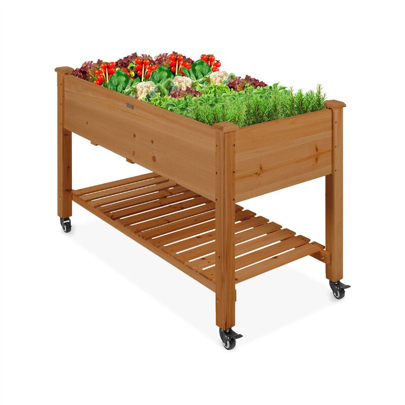 Outdoor Wood Raised Garden Bed Planter Box with Shelf and Locking Wheels