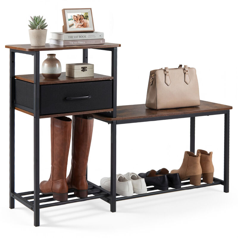 Modern Shoe Storage Rack Bench with Drawer and Metal Frame - Rustic Brown image number 4