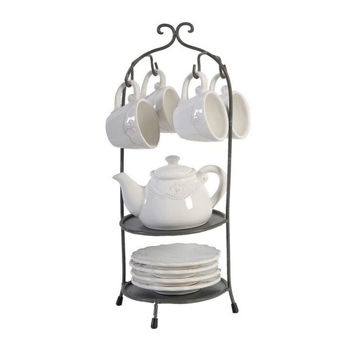 Zoya 10 Piece Tea Kettle and Cups Set with Metal Stand, White Porcelain - Benzara