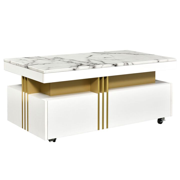 Contemporary Coffee Table, Rectangle Cocktail Table with Caster Wheels for Living Room