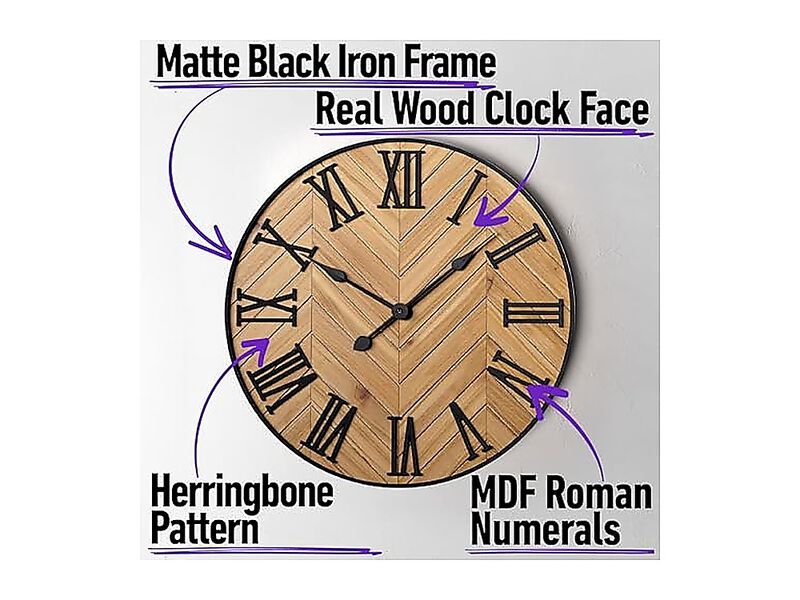 Large Wall Clock 24 Round Silent Metal Wood Farmhouse Living Decor 3D Roman No image number 1