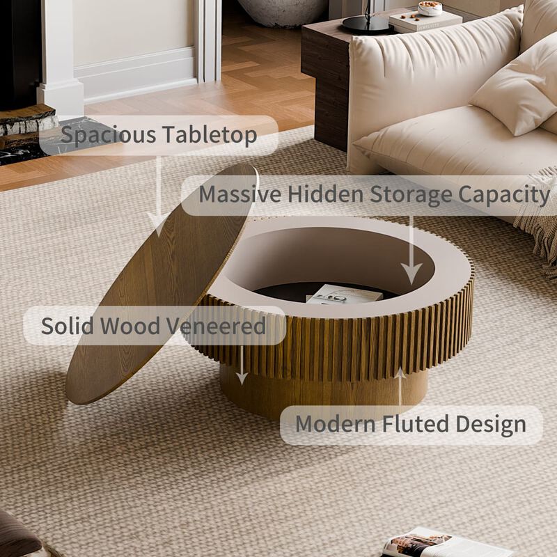 Round coffee table with storage Solid wood veneer and MDF coffee table with fluted base Modern accent coffee table for small spaces image number 6