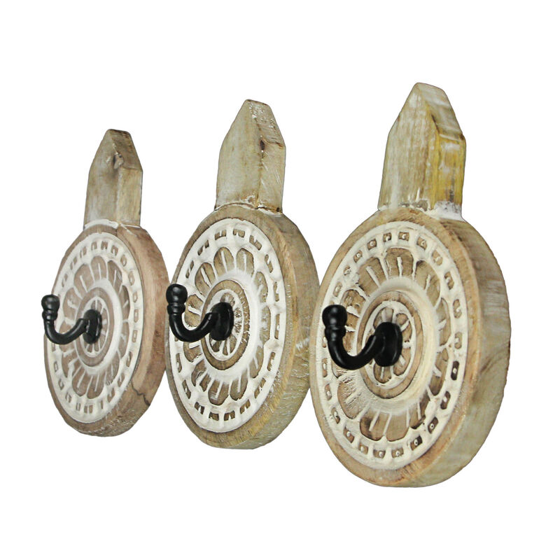Set of 3 Hand Carved Wooden Wall Hooks Decorative Floral Coat Towel Hanging Art image number 1