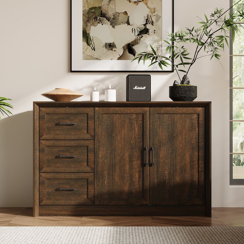 FUFU&GAGA 2-Door 3-Drawer Storage Cabinet with Black Metal Handles, Rich Wood Grain Finish (47.2"W x 15.7"D x 30.7"H), Dark Brown