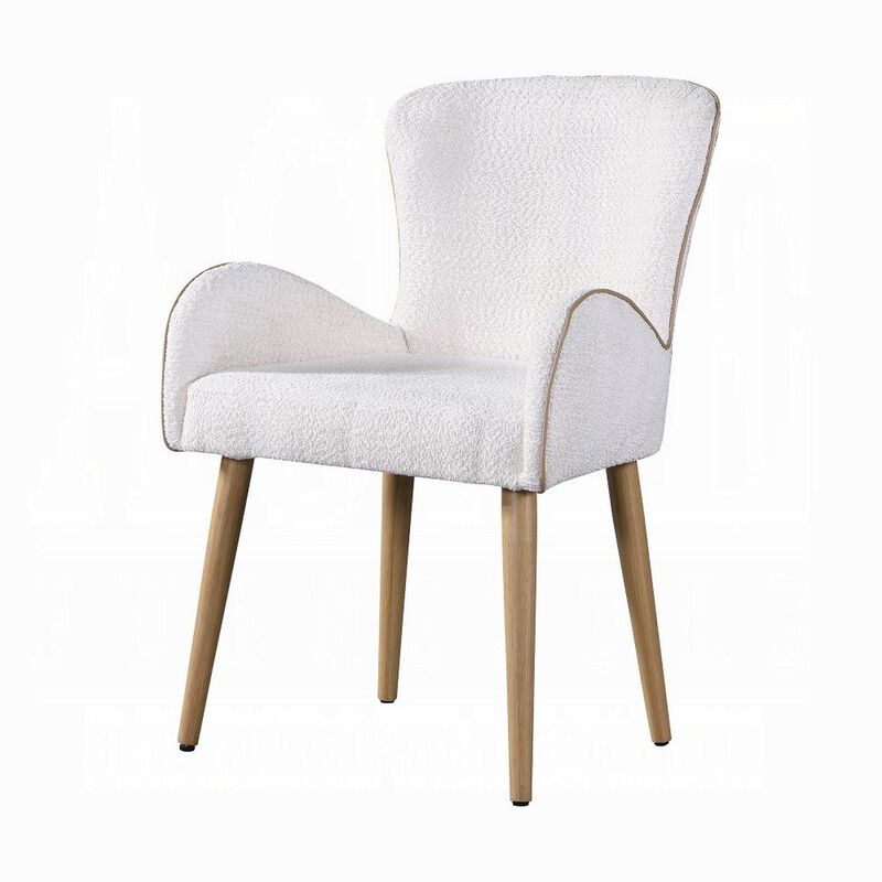 Willy Side Chair Set of 2, White Boucle, Soft Padding, Brown Wood Legs - Benzara