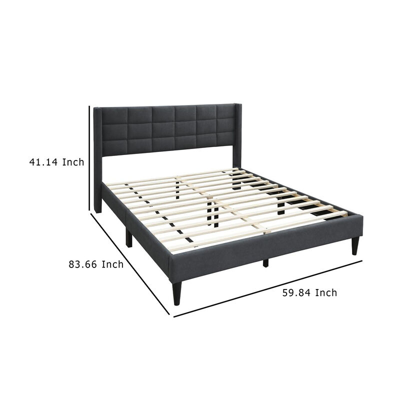 Meno Queen Size Bed, Square Stitched Charcoal Gray Linen Upholstery - Benzara