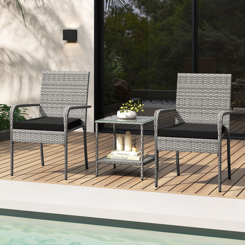 3 Piece Balcony Patio Furniture Set with Seat Cushions and Tempered Glass Tabletop image number 4