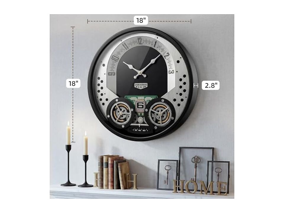 Moving Gears Farmhouse Industrial Wall Clock 18 Inch Metal Black