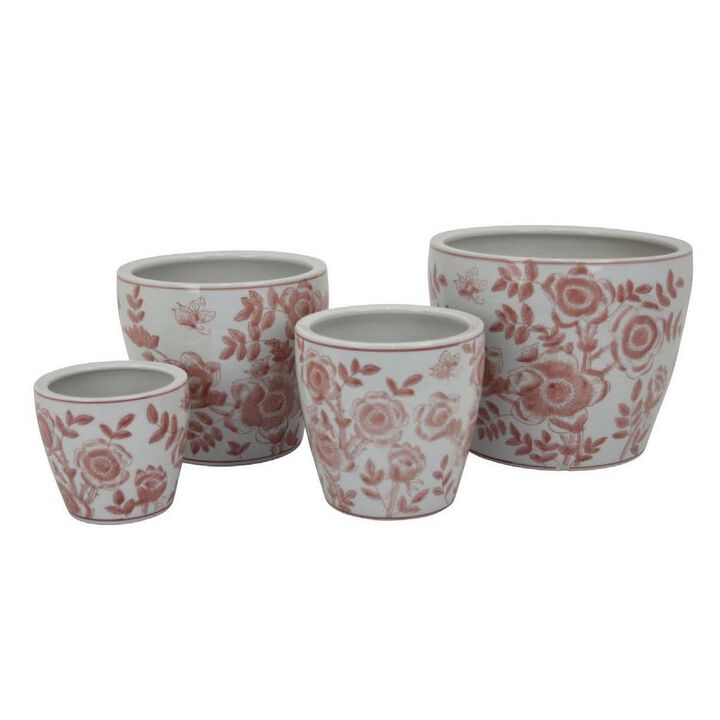 Kerry Accent Planter Pot Set of 4, Pink Floral Pattern, White Ceramic - Benzara