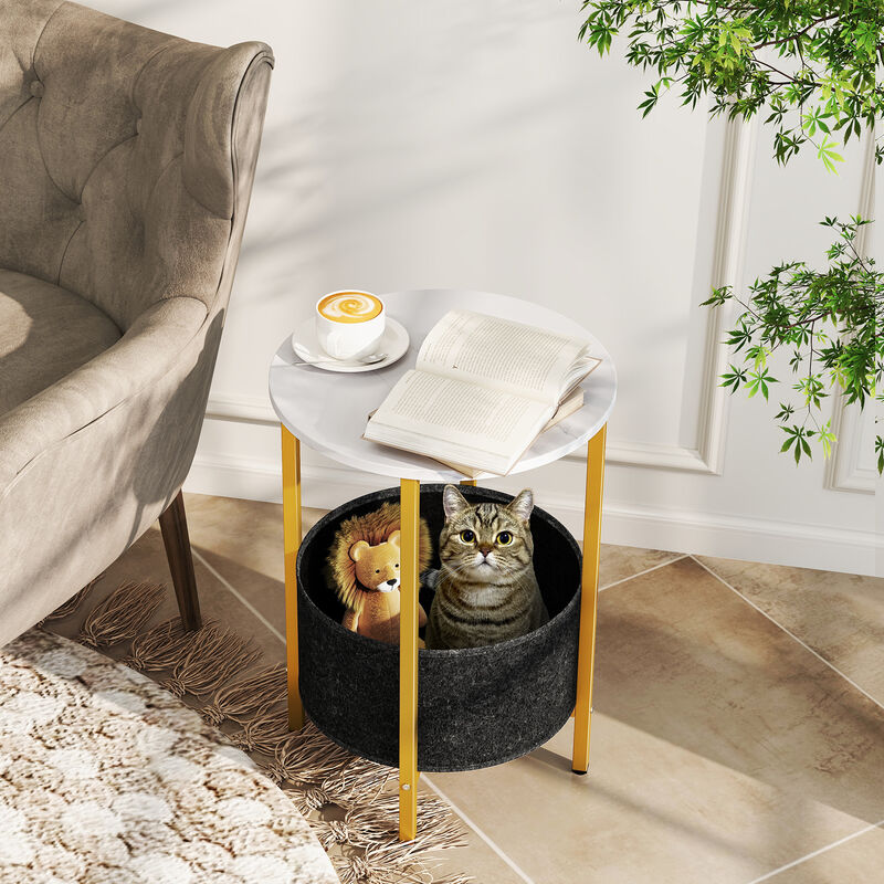 Round End Table 2-Tier Side Table with Removable Fabric Basket and Metal Frame