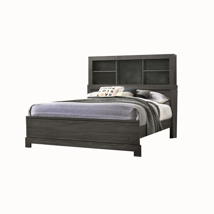 Wooden Queen Size Low Profile Size Bed with Bookcase Headboard