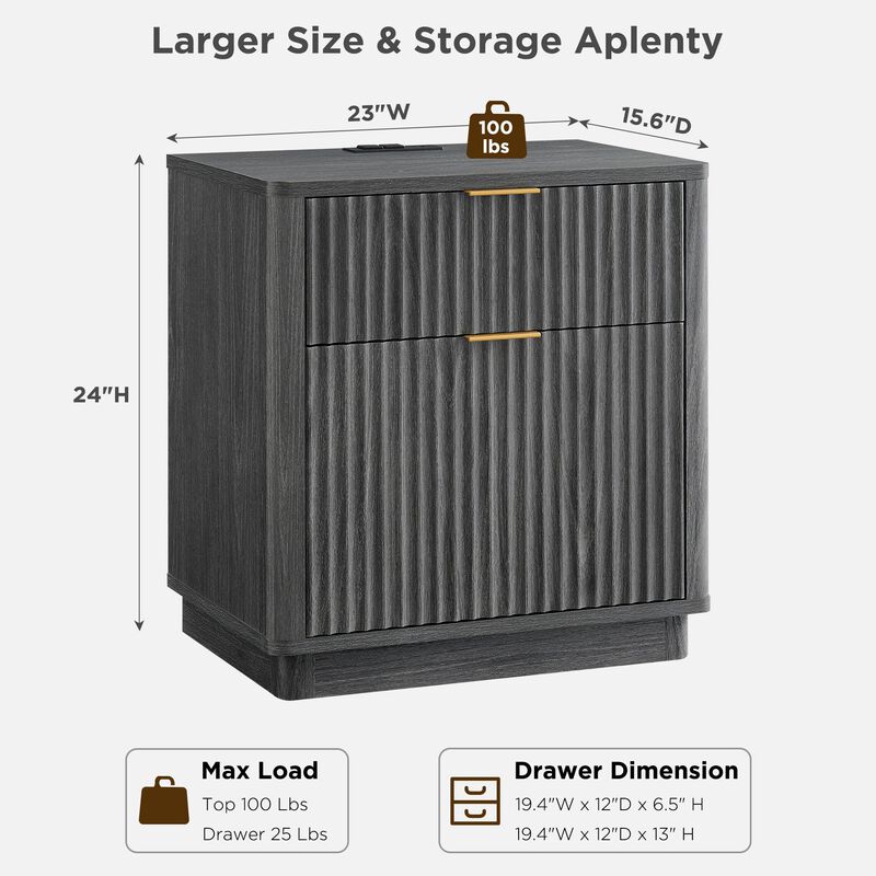 Fluted 2-Drawer Nightstand with Charging Station, Curved Modern Bedside Table image number 2