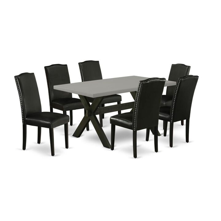 East West Furniture X696EN169-7 7-Pc Dining Room Table Set - 6 Parson Dining Chairs and 1 Modern Cement Kitchen Dining Table Top with High Stylish Chair Back &ndash; Wire Brushed Black Finish