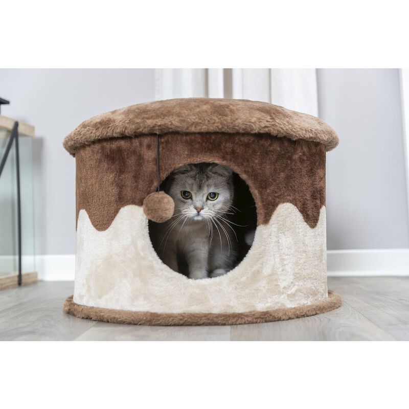 TRIXIE Cozy Plush Cover Indoor Cat Condo with a Cat Toy on String, Brown-Beige image number 1