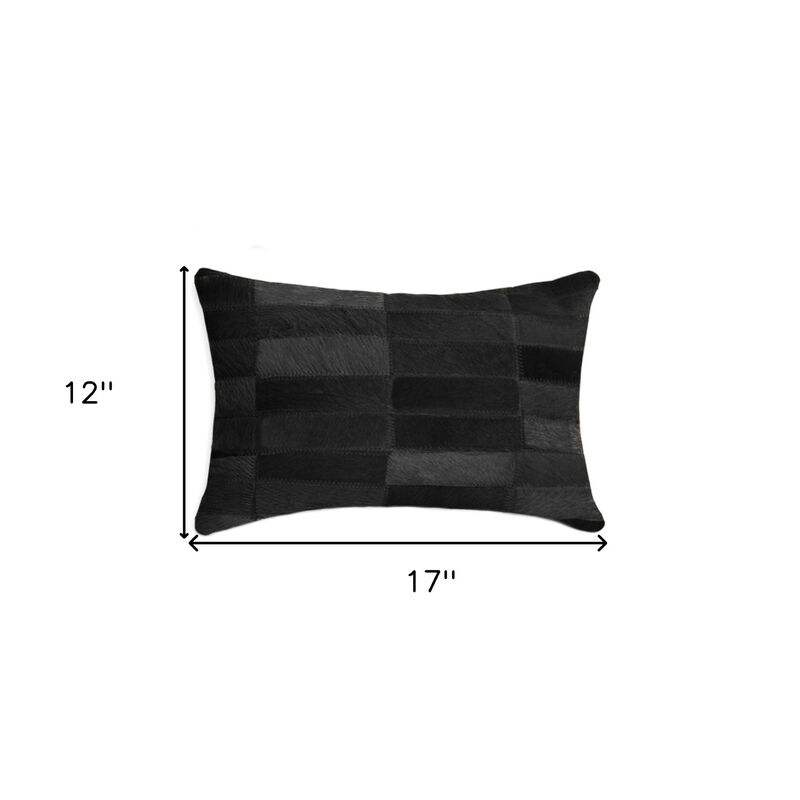 HomeRoots 12" X 20" Black Patchwork Cowhide Lumbar Throw Pillow image number 3